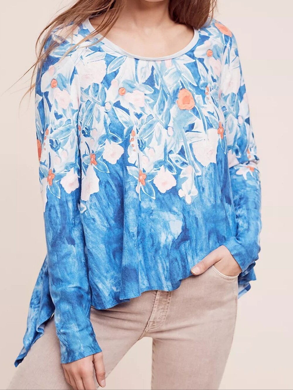 Anthropologie Meadow Rue Linen Fields Floral Handkerchief Hem Swing Top Medium